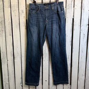 Lucky Brand 329 Classic Straight Leg Jeans Men's 34x33 Raw Hem Blue Distressed
